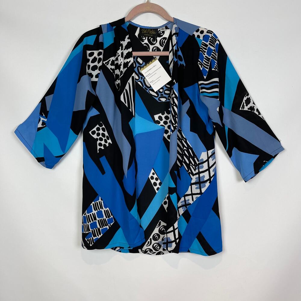 Bob Mackie Womens Cardigan XS Blue Carnival Print Chiffon Open Front NWT